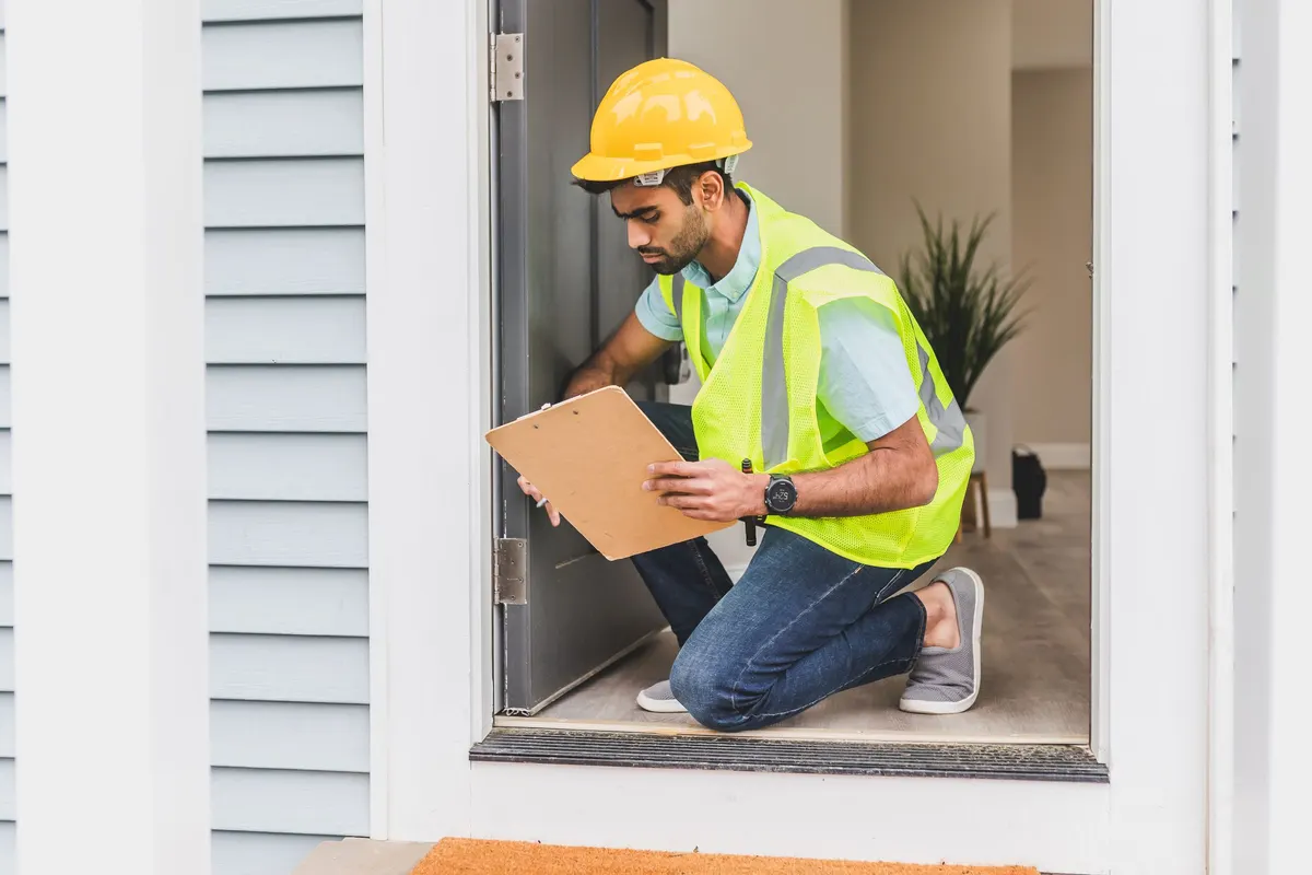 Inspector in a hard hat and safety vest checking a home interior